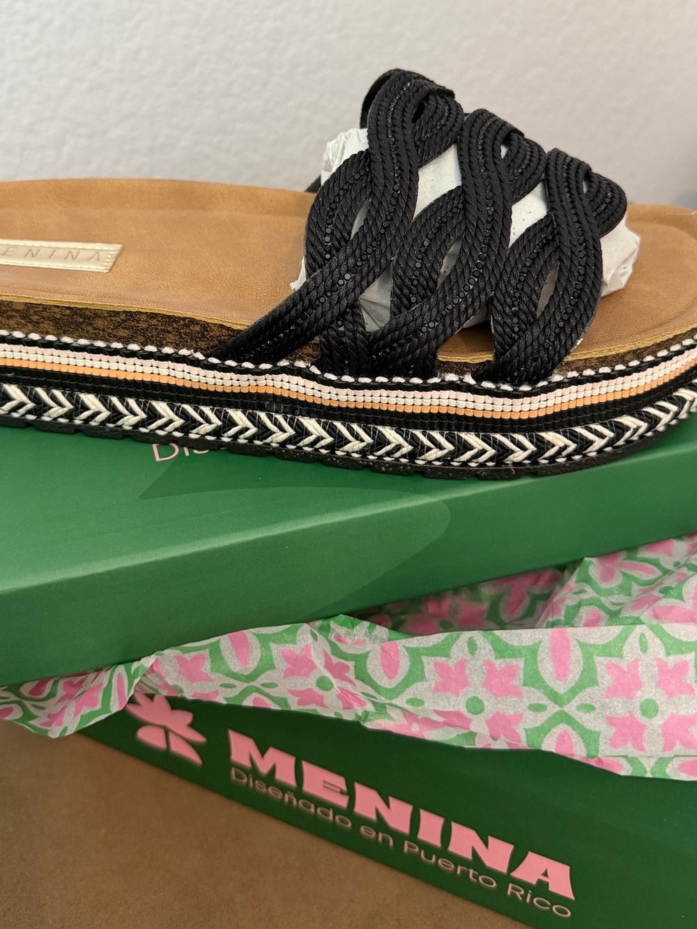 Menina Platform Slide Sandals – Black Braided Straps – Size 8 – New in Box